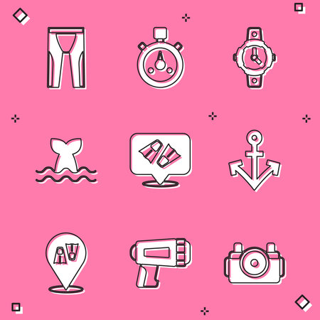 Set Wetsuit for scuba diving Stopwatch Diving Whale tail Flippers swimming Anchor and Flashlight diver icon. Vector.のイラスト素材