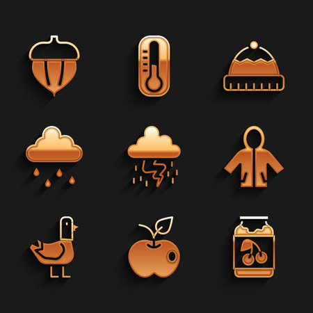 Set Storm Apple Jam jar Raincoat Dove Cloud with rain Winter hat and Acorn icon. Vector.のイラスト素材