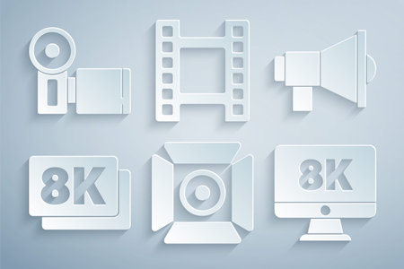 Set Movie spotlight Megaphone 8k Ultra HD Monitor with Play Video and Cinema camera icon. Vector.のイラスト素材