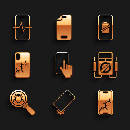 Set Phone repair service Shockproof phone Mobile with broken screen Multimeter System bug Smartphone battery charge and icon. Vector.のイラスト素材