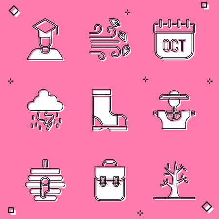 Set Graduate and graduation cap Windy weather October calendar autumn Storm Waterproof rubber boot Scarecrow Hive for bees and School backpack icon. Vector.のイラスト素材