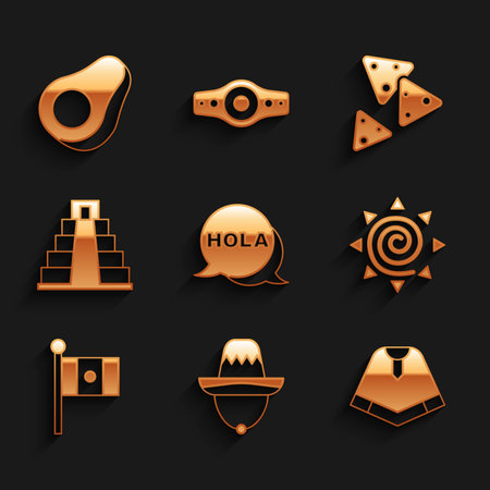 Set Hola Mexican sombrero Poncho Sun Mexico flag Chichen Itza in Mayan Nachos and Avocado fruit icon. Vector.のイラスト素材