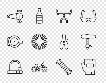 Set line Bicycle lock Gloves handlebar chain with gear ball bearing suspension and seat icon. Vector.のイラスト素材