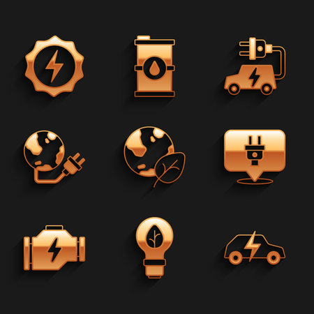 Set Earth globe and leaf Light bulb with Electric car plug Check engine Global energy power planet and Lightning bolt icon. Vector.のイラスト素材
