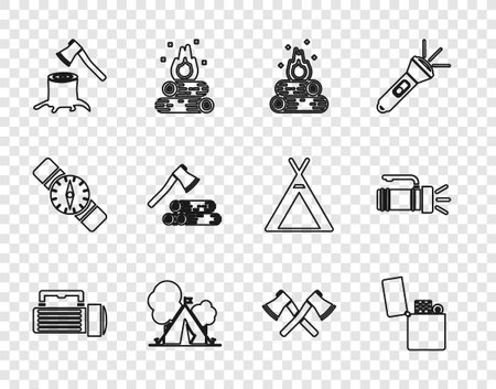 Set line Flashlight Lighter Campfire Tourist tent with flag Wooden ax in stump and wood Crossed wooden and icon. Vector.のイラスト素材