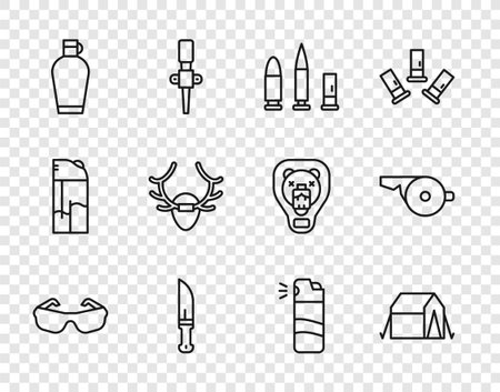 Set line Glasses Tourist tent Bullet and cartridge Hunter knife Canteen water bottle Deer antlers on shield Pepper spray and Whistle icon. Vector.のイラスト素材