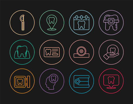 Set line Dental clinic location Tooth Calendar with tooth card floss Otolaryngological head reflector and icon. Vector.のイラスト素材