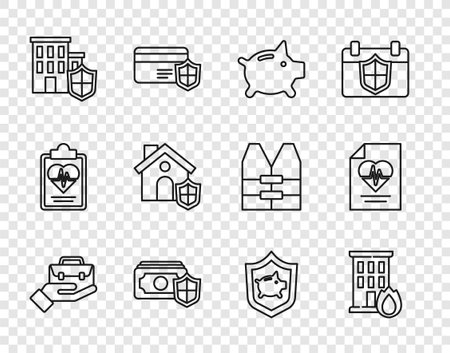 Set line Hand holding briefcase Fire burning house Piggy bank Money with shield House and Health insurance icon. Vector.のイラスト素材
