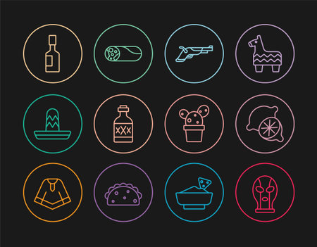 Set line Mexican wrestler Lime Vintage pistols Tequila bottle sombrero Tabasco sauce Cactus or succulent pot and Burrito icon. Vector.のイラスト素材
