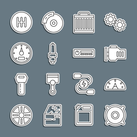 Set line Car audio speaker Speedometer Check engine radiator cooling system spark plug Gear shifter and Audio icon. Vector.のイラスト素材