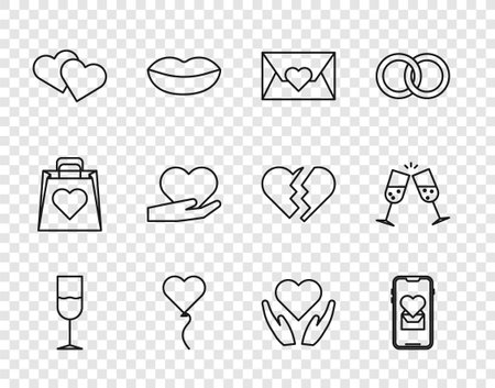 Set line Wine glass Mobile with heart Envelope Valentine Balloon form of Heart hand and Glass champagne icon. Vector.のイラスト素材