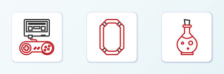 Set line Bottle with magic elixir Game console joystick and Poker table icon. Vector.のイラスト素材
