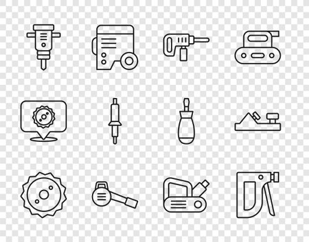 Set line Circular saw blade Construction stapler Electric drill machine Leaf garden blower jackhammer Soldering iron planer tool and Wood icon. Vector.のイラスト素材