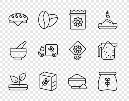 Set line Sprout Bag of flour Pack full seeds plant Flour pack Bread loaf truck bowl and Measuring cup icon. Vector.のイラスト素材