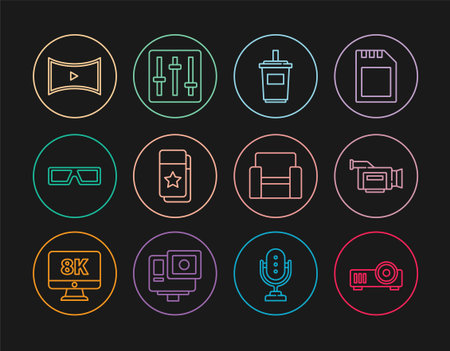 Set line Media projector Cinema camera Paper glass with water ticket 3D cinema glasses Online play video chair and Sound mixer controller icon. Vector.のイラスト素材