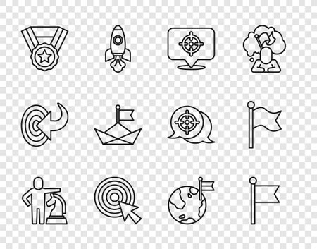 Set line Chess Flag Target with arrow Medal Folded paper boat Planet flag and icon. Vector.のイラスト素材