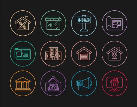 Set line Location with house Hanging sign text Sold House Online real estate percant discount Garage and Market store icon. Vector.のイラスト素材