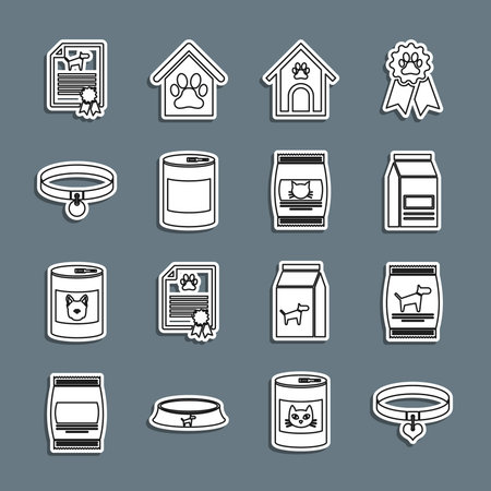 Set line Collar and heart Bag of food for dog Dog house paw print pet Canned Certificate cat and icon. Vector.のイラスト素材
