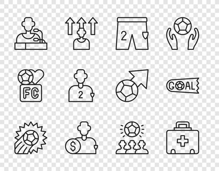 Set line Soccer football ball First aid kit Shorts for playing Buy player Football press conference soccer and Goal icon. Vector.のイラスト素材