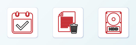 Set line Hard disk drive HDD Calendar with check mark and Delete file document icon. Vector.のイラスト素材