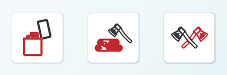 Set line Crossed wooden ax Lighter and Wooden and icon. Vector.のイラスト素材