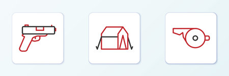 Set line Whistle Pistol or gun and Tourist tent icon. Vector.のイラスト素材