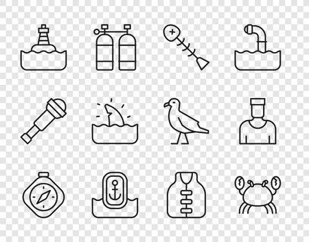 Set line Compass Crab Dead fish Location with anchor Floating buoy Shark fin ocean wave Life jacket and Sailor captain icon. Vector.のイラスト素材