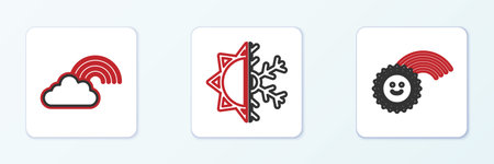 Set line Rainbow with sun cloud and Sun and snowflake icon. Vector.のイラスト素材