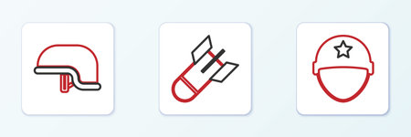 Set line Military helmet and Aviation bomb icon. Vector.のイラスト素材