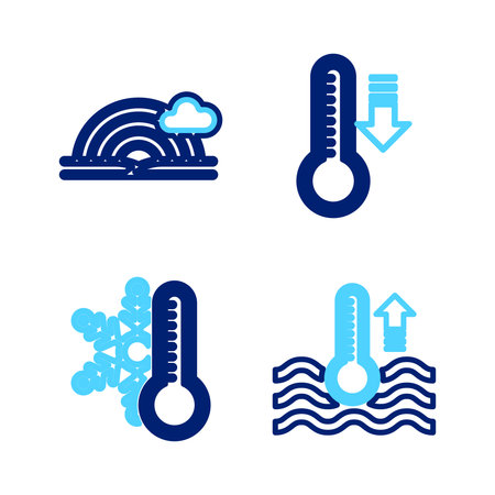 Set line Water thermometer Thermometer with snowflake Meteorology and Rainbow cloud icon. Vector.のイラスト素材