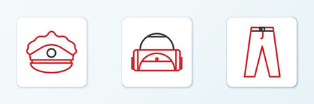 Set line Pants Police cap with cockade and Sport bag icon. Vector.のイラスト素材
