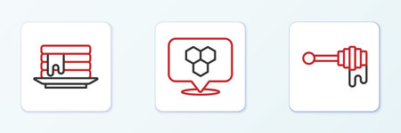 Set line Honey dipper stick with honey Stack of pancakes and Honeycomb bee location icon. Vector.のイラスト素材
