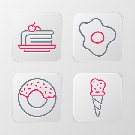 Set line Ice cream in waffle cone Donut Scrambled eggs and Piece of cake icon. Vector.のイラスト素材
