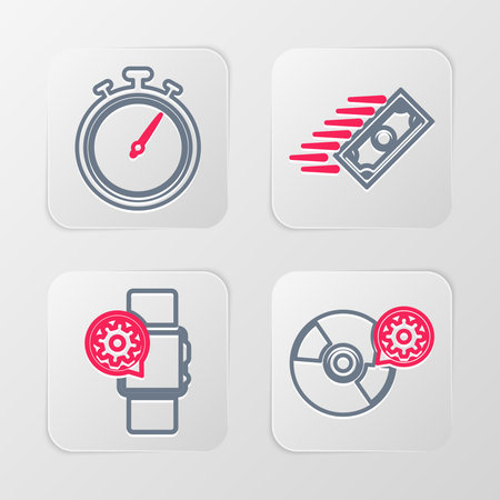 Set line CD or DVD disk setting Smartwatch Fast payments and Stopwatch icon. Vector.のイラスト素材
