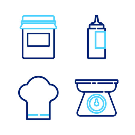 Set line Scales Chef hat Sauce bottle and Jam jar icon. Vector.のイラスト素材