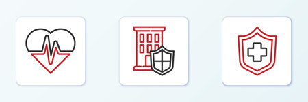 Set line Health insurance and House with shield icon. Vector.のイラスト素材