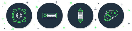 Set line Car Audio Shock absorber audio speaker and Timing belt kit icon. Vector.のイラスト素材