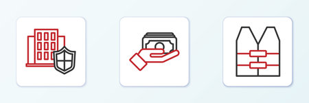 Set line Life jacket House with shield and Stacks paper money cash icon. Vector.のイラスト素材