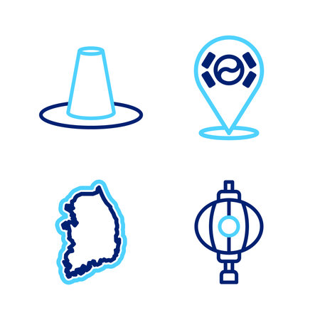 Set line Korean lantern South map Location and hat icon. Vector.のイラスト素材