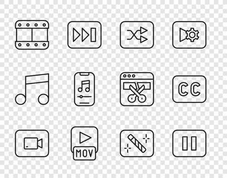 Set line Play video button Pause Arrow shuffle MOV file Music player Photo retouching and Subtitles icon. Vector.のイラスト素材