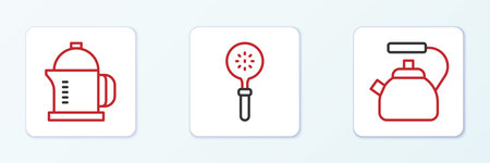 Set line Kettle with handle French press and Spatula icon. Vector.のイラスト素材