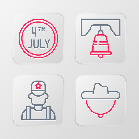 Set line Western cowboy hat Sheriff Liberty bell in Philadelphia and Calendar with date July 4 icon. Vector.のイラスト素材