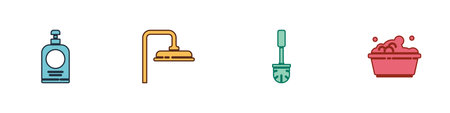 Set Hand sanitizer bottle, Shower head, Toilet brush and Plastic basin with soap suds icon. Vector.のイラスト素材