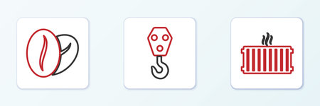 Set line Heating radiator Coffee beans and Industrial hook icon. Vector.