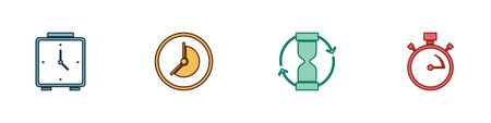 Set Alarm clock, Clock, Old hourglass and Stopwatch icon. Vector.