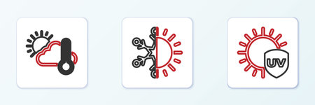 Set line UV protection Thermometer and cloud sun and Sun snowflake icon. Vector.のイラスト素材
