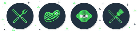 Set line Steak meat Barbecue grill Crossed fork and knife and spatula icon. Vector.のイラスト素材