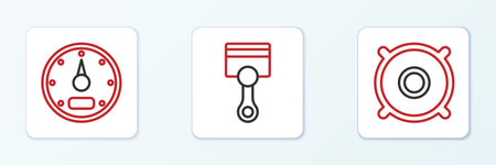 Set line Car audio speaker Speedometer and Engine piston icon. Vector.のイラスト素材