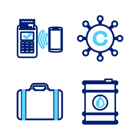 Set line Barrel oil Suitcase for travel Copywriting network and POS terminal icon. Vector.のイラスト素材
