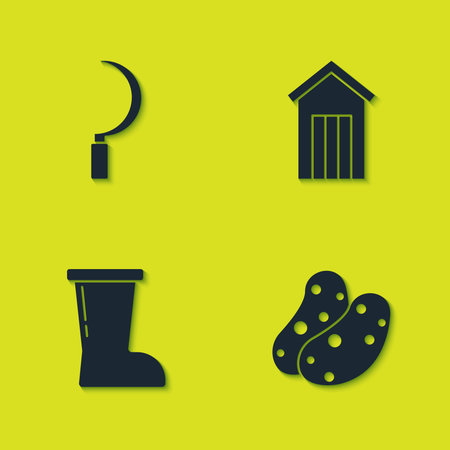 Set Sickle, Potato, Waterproof rubber boot and Wooden outdoor toilet icon. Vector.のイラスト素材